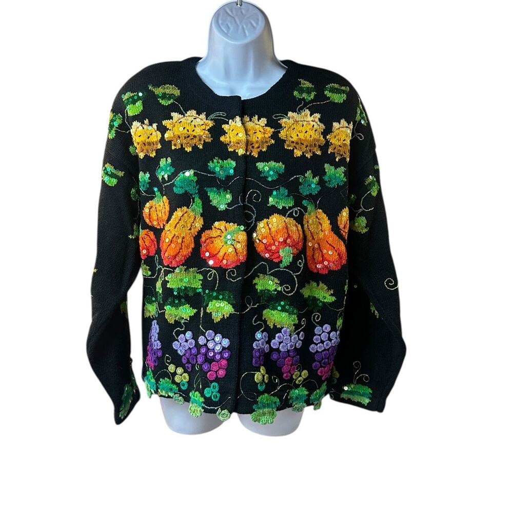 Jane’s Closet Harvest Pumpkin Grape Sunflower Sequin Cardigan Halloween Fall L